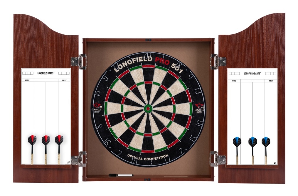 Houten Dartkast Rood + Sisal Dartboard. [ Incl. 2 Sets 18Gr. Darts ]