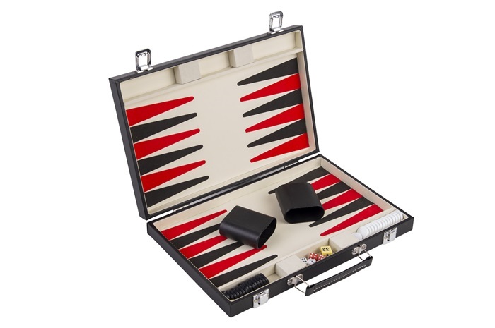 Backgammon Zwart Gestikt 15 " in kunst lederen koffer 36x36x5cm