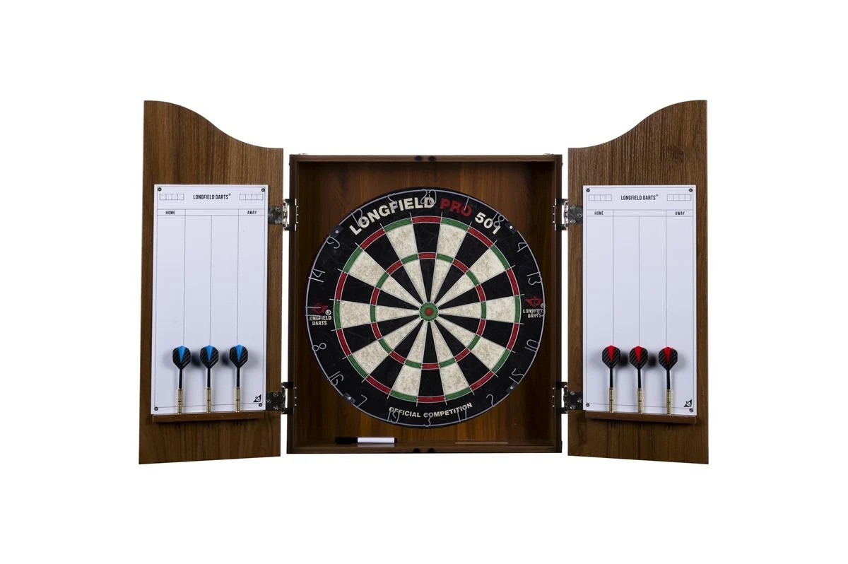 Houten Dartkast Bruin + Sisal Dartboard. [ Incl. 2 Sets 18Gr. Darts ]