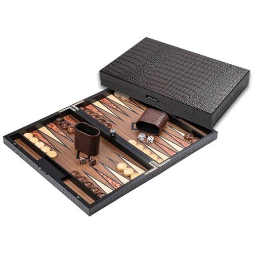 Backgammon Koffer Hout Bruin with Crocodile-look Finish