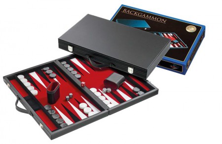 Backgammon Koffer 46cm Zwart Gestikt Ingelegd Vilt Rood 