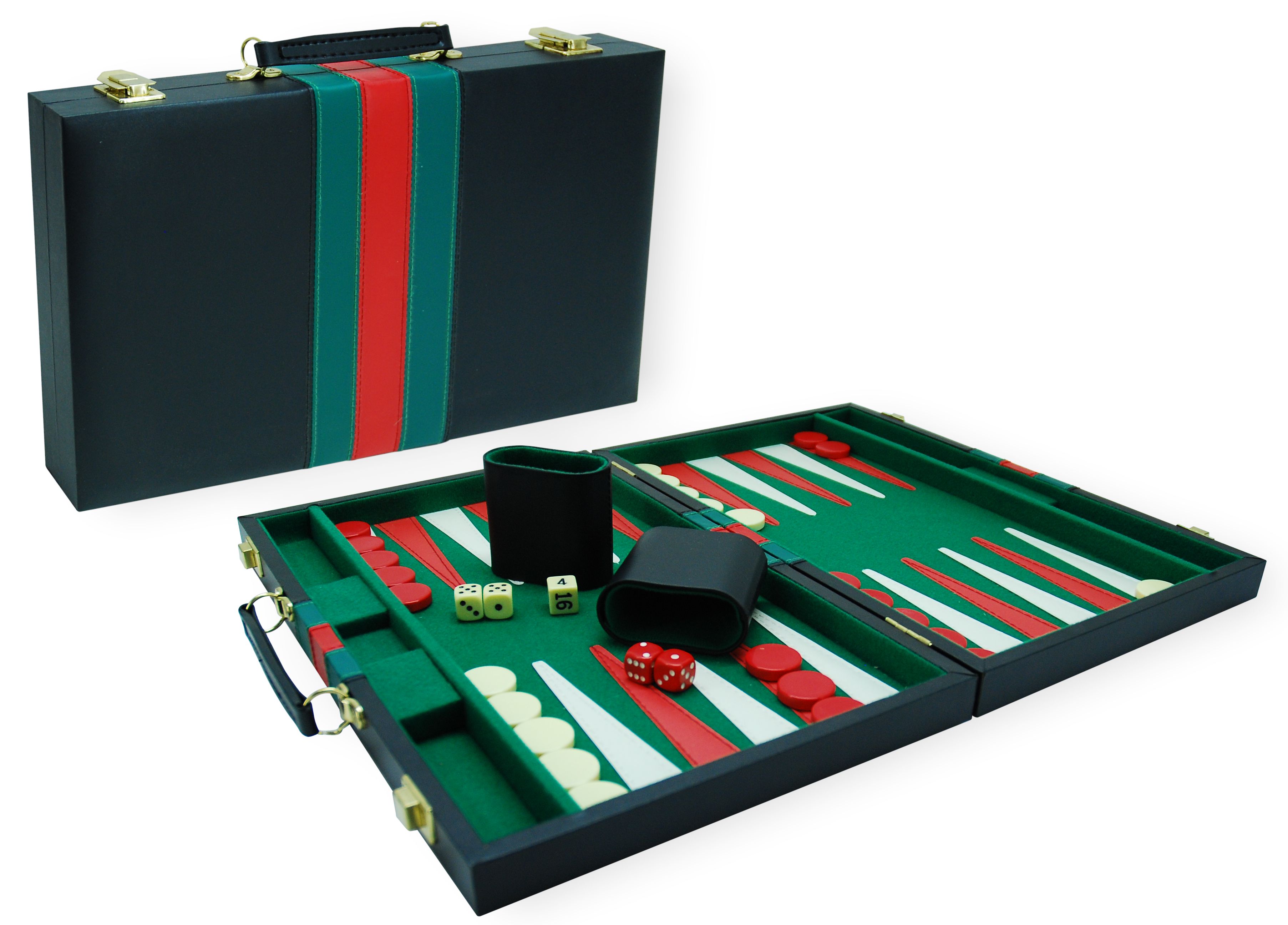 Backgammon Koffer 38cm Zwart met Groen en Rode Bies