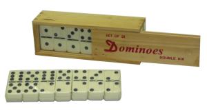 Domino Dubbel 6 - Kist: 28 stenen, spinners, houten kistje