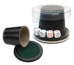 Dobbelbeker Zwart leder met deksel en pokerdobbelstenen