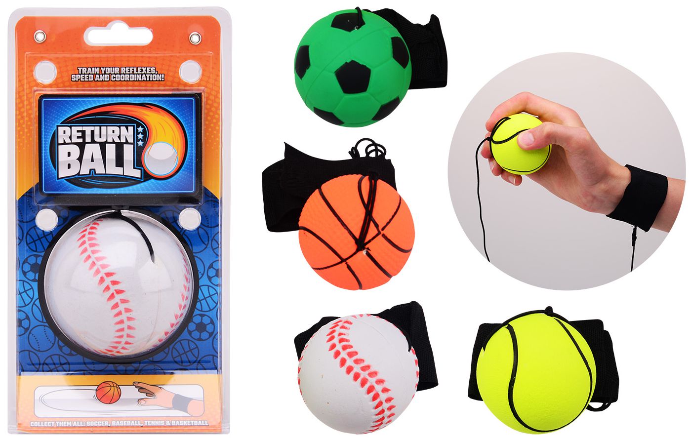 Return Ball Gooi En Vangbal Met Polsband 4 kleur Assorti.