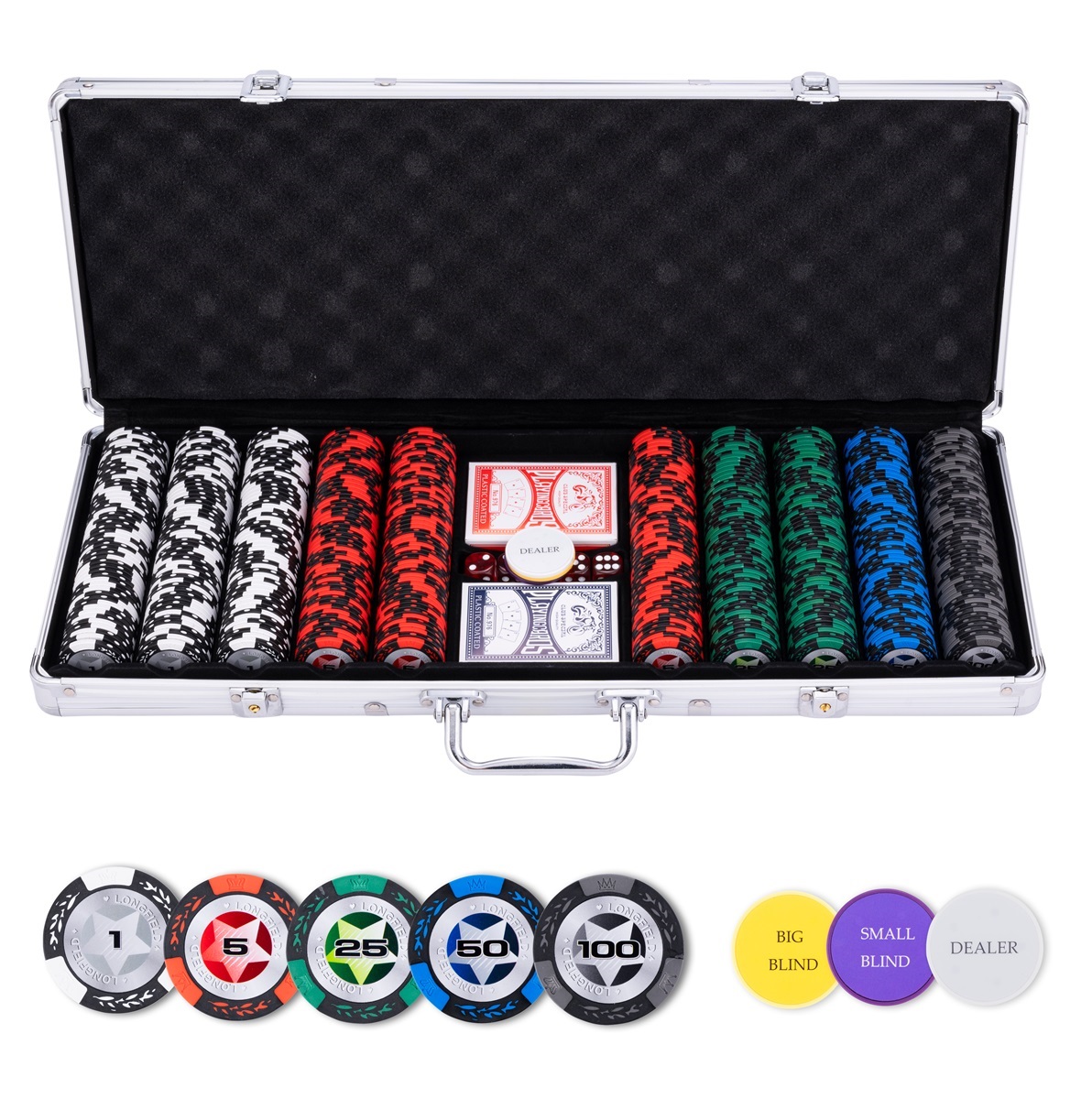 Poker Set in Zilverkleurige Koffer Low Stake 500 Chips 14 Gr Met Waarde