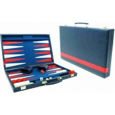 Backgammon Koffer 38cm Blauw met Rode Bies