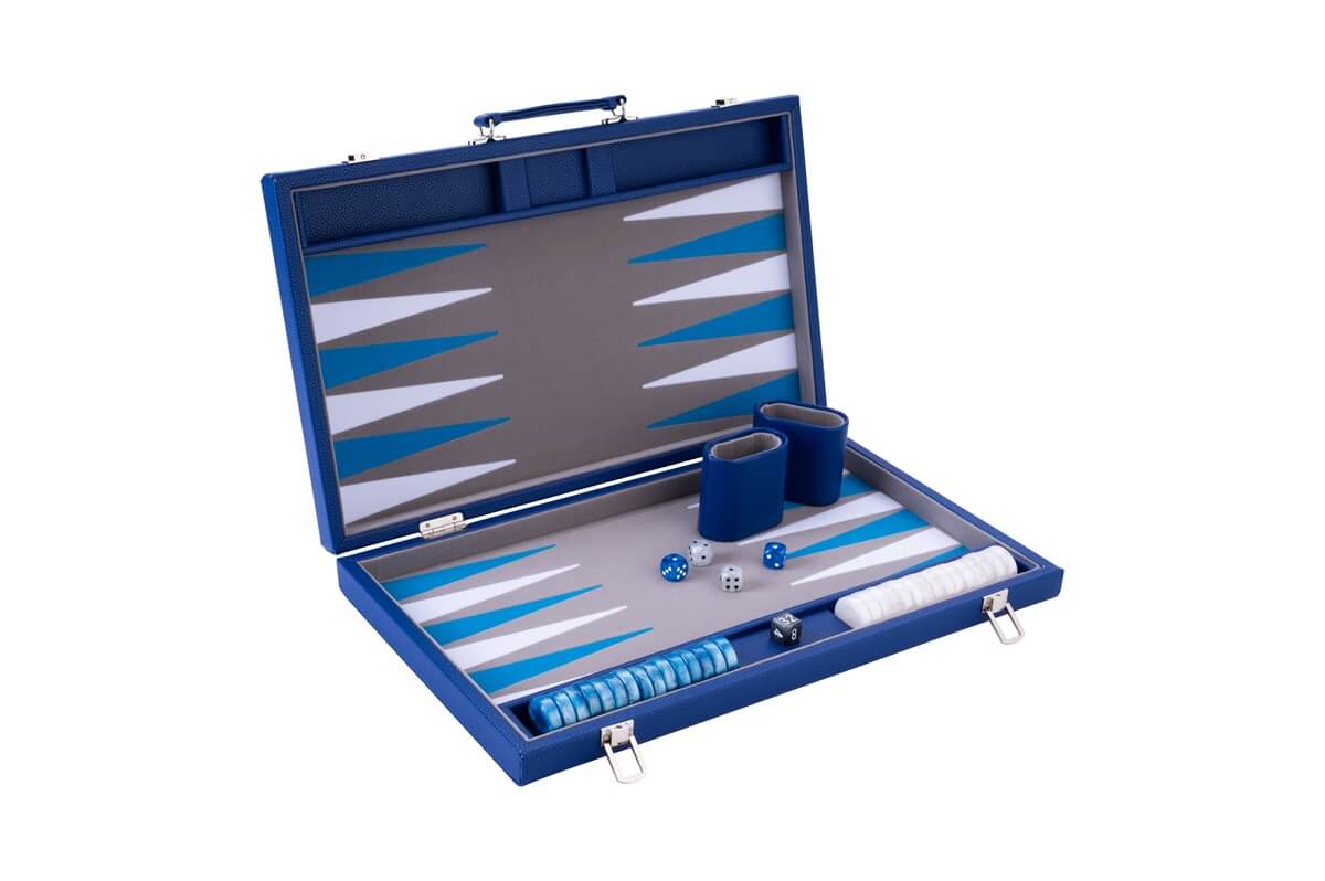 Backgammon Blauw Koffer Grijs/Blauw/Wit Ingelegd Vilt 18Inch