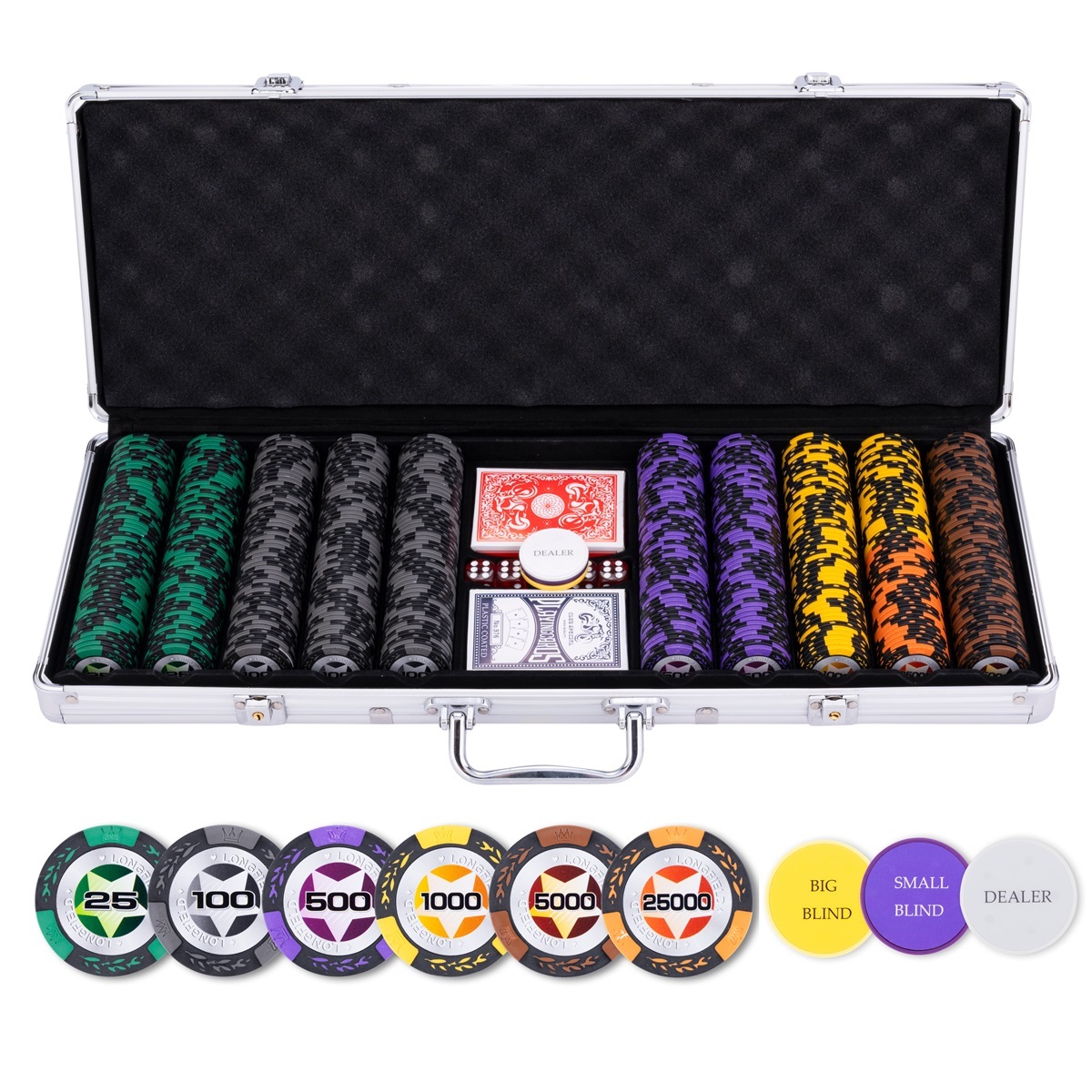 Poker Set in Zilveren Koffer High Stake 500 Chips 14 Gr Met Waarde