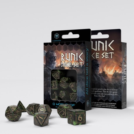 Dice Set - Runic - Green & Gold | 7 Piece - dobbelstenen