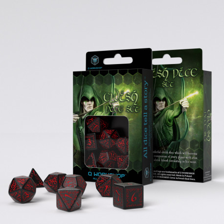 Dice Set - Elvish - Black & Red | 7 Piece - dobbelstenen