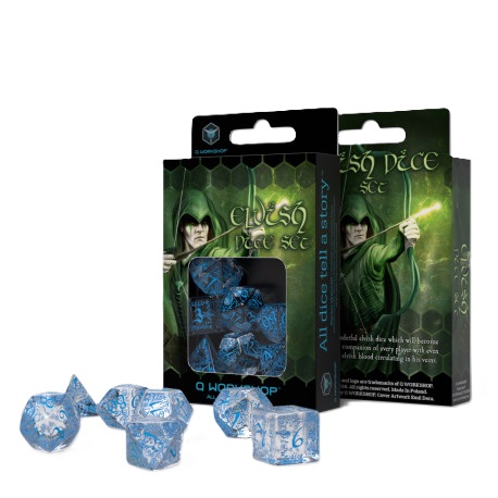 Dice Set - Elvish - Translucent & Blue | 7 Piece - dobbelstenen